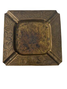 Vintage MYK India Hand Engraved Brass Ashtray Floral Etched Square Tobacciana 5.